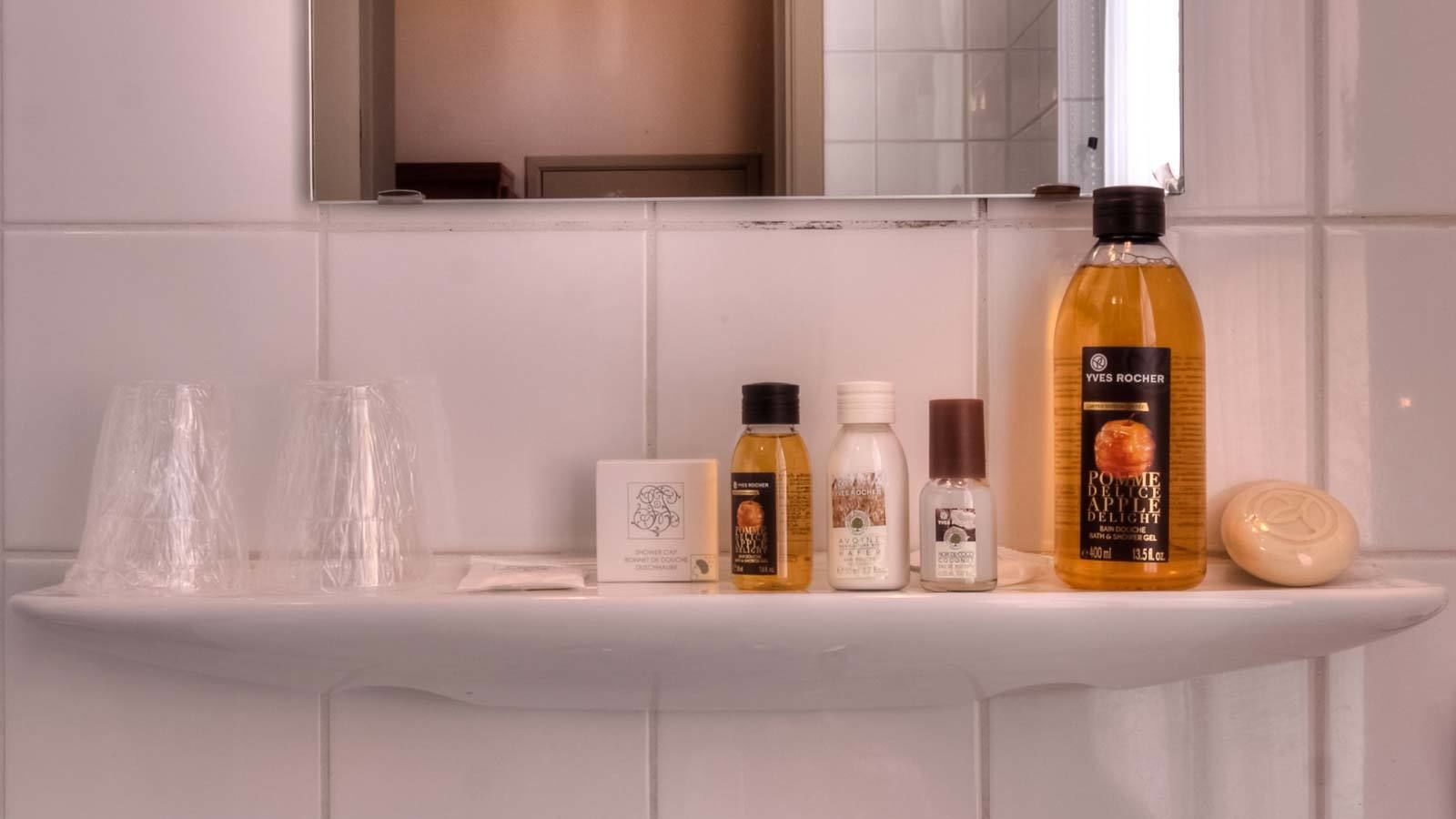 free toiletries, hair dryer, towels