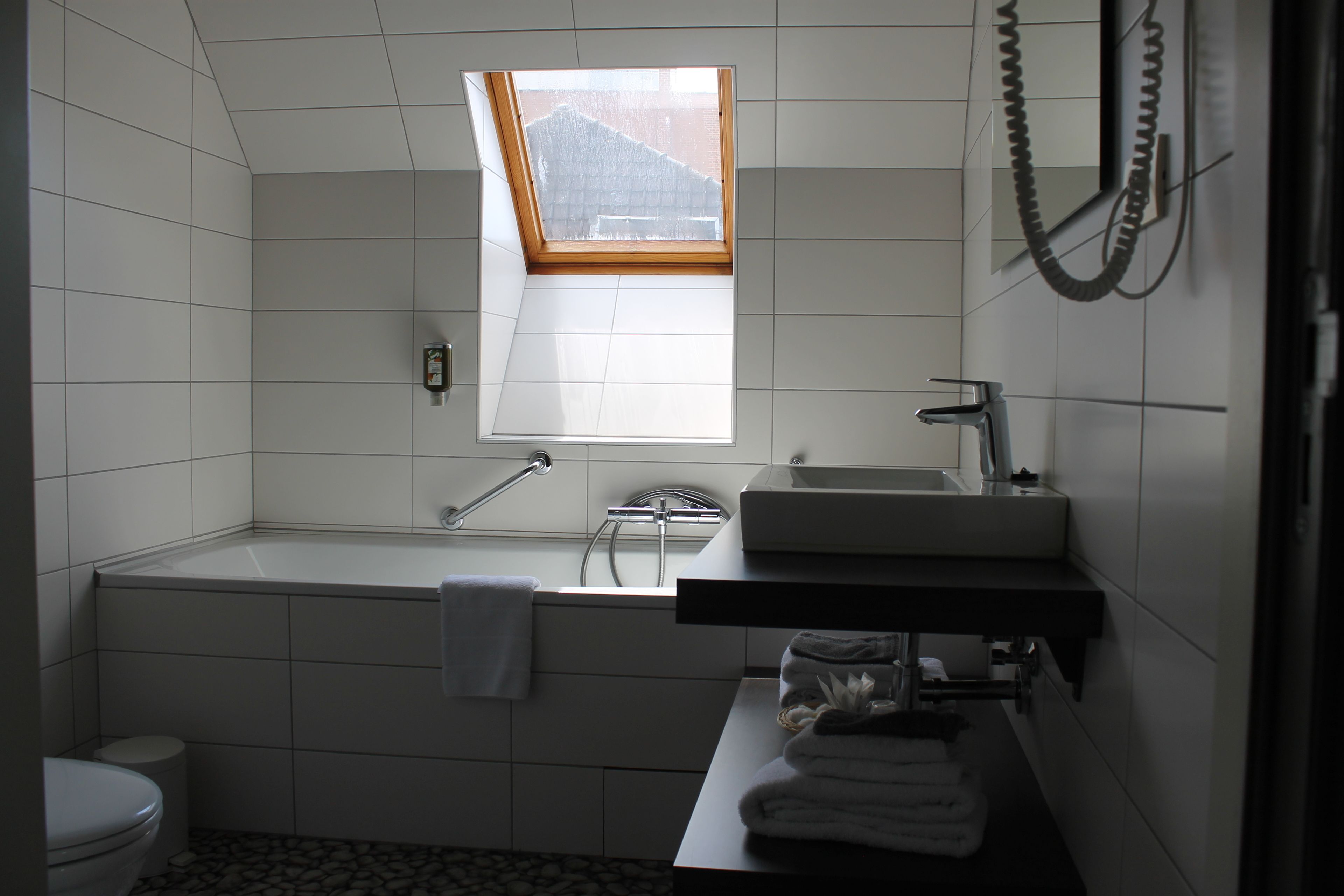 A bathroom with a skylight, a bathtub, a toilet, and a sink.