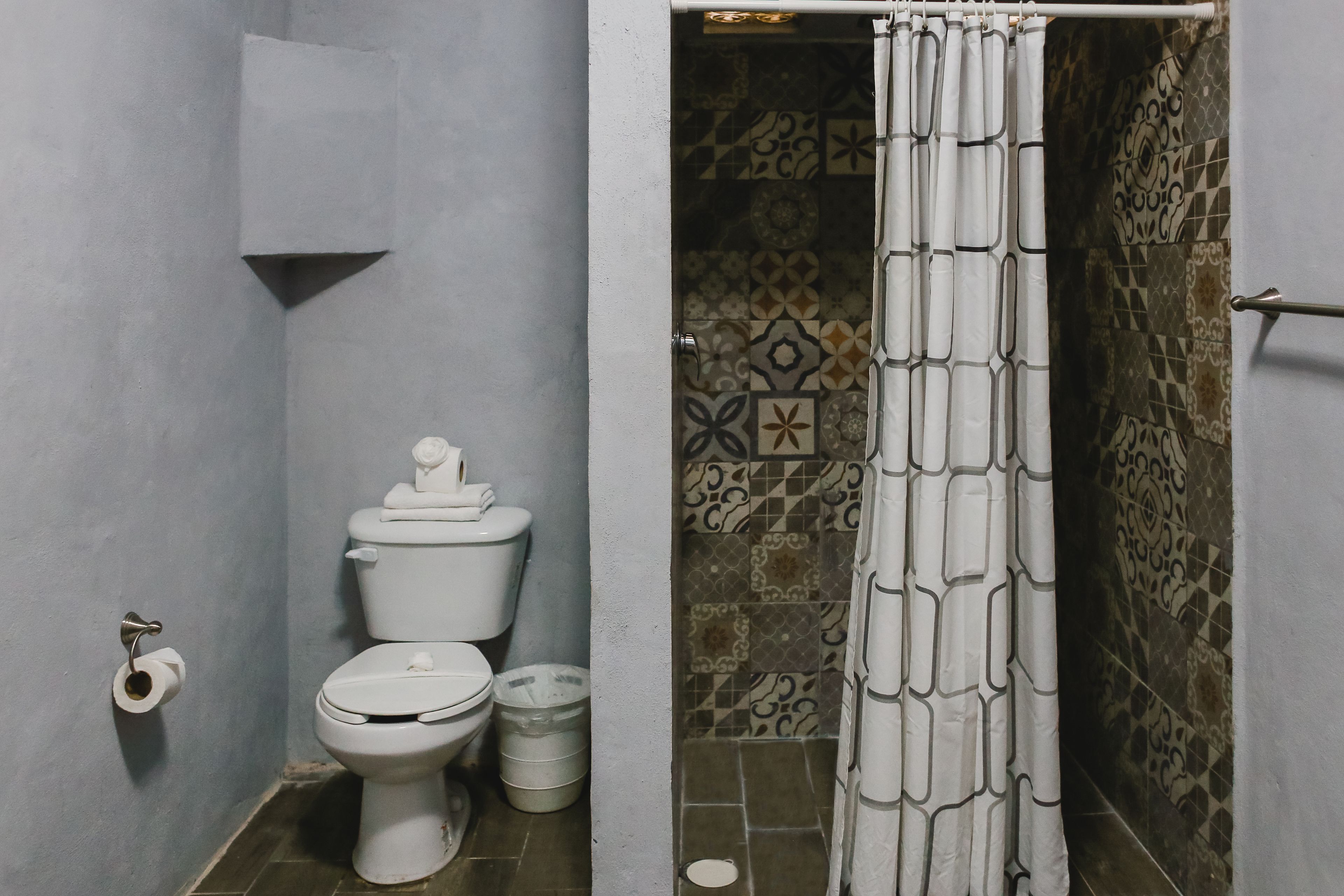 A bathroom with a toilet, a shower curtain, and patterned tiles.