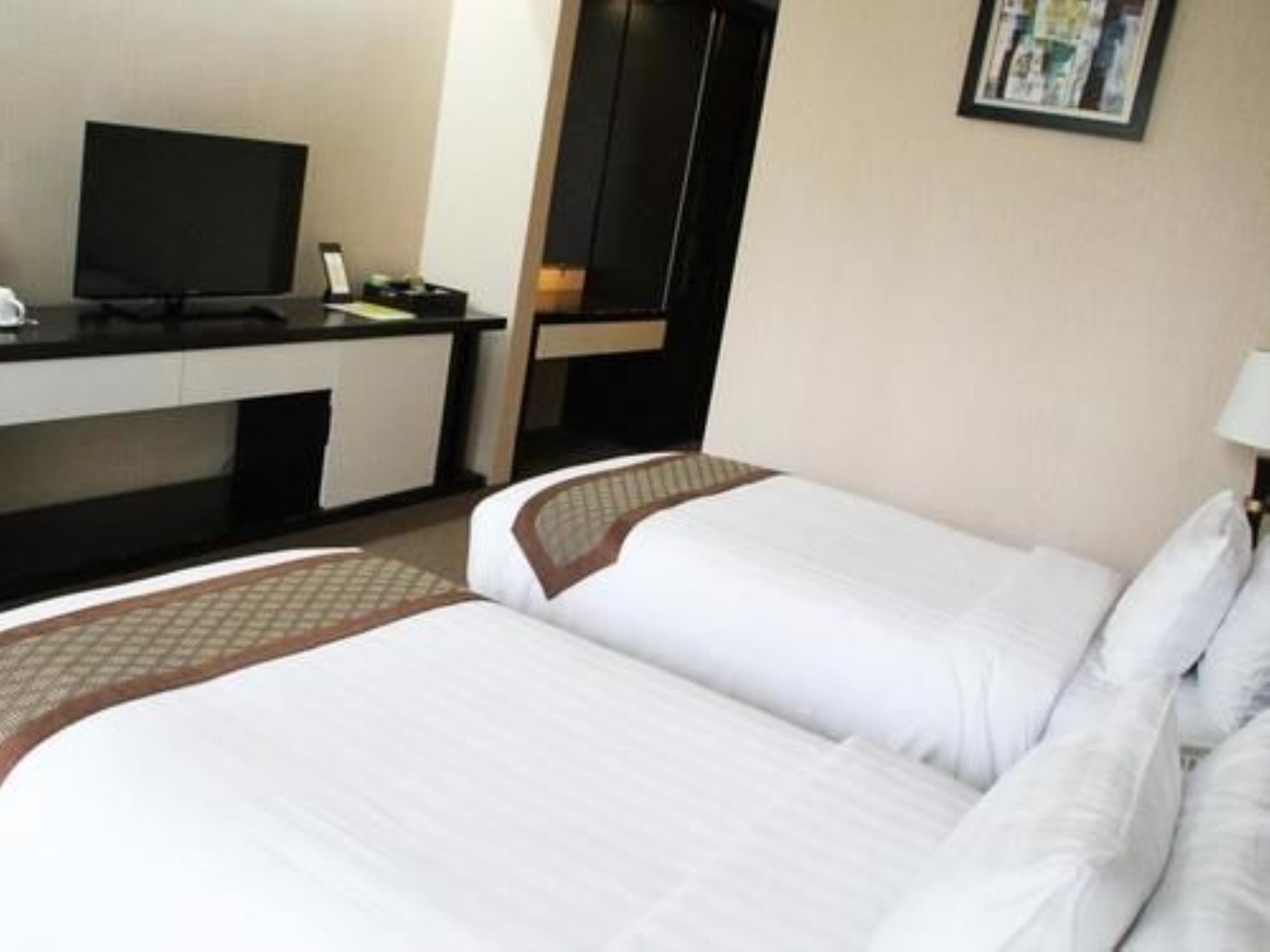Una habitación de hotel con una cama, un escritorio, un televisor y un cuadro en la pared.