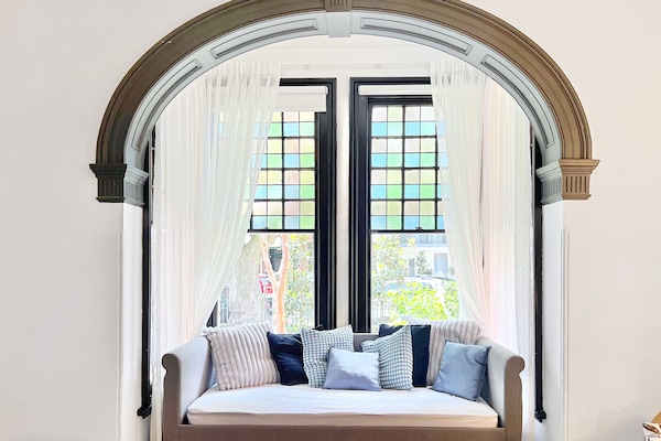 Heritage Family Room Shared Bathroom | Desk, laptop workspace, blackout drapes, iron/ironing board