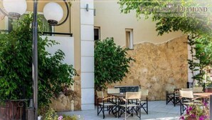 An outdoor patio area with stone walls, potted plants, and outdoor furniture. - Varvaras Diamond (Rethymno)