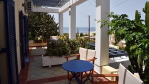 A covered outdoor patio with a blue table and chairs, surrounded by potted plants and a view of the sea. - Alexandros (SISSI)