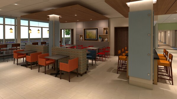 Een modern restaurant met hoge plafonds, houten balken en grote ramen. Tafels en stoelen staan klaar voor het diner.
