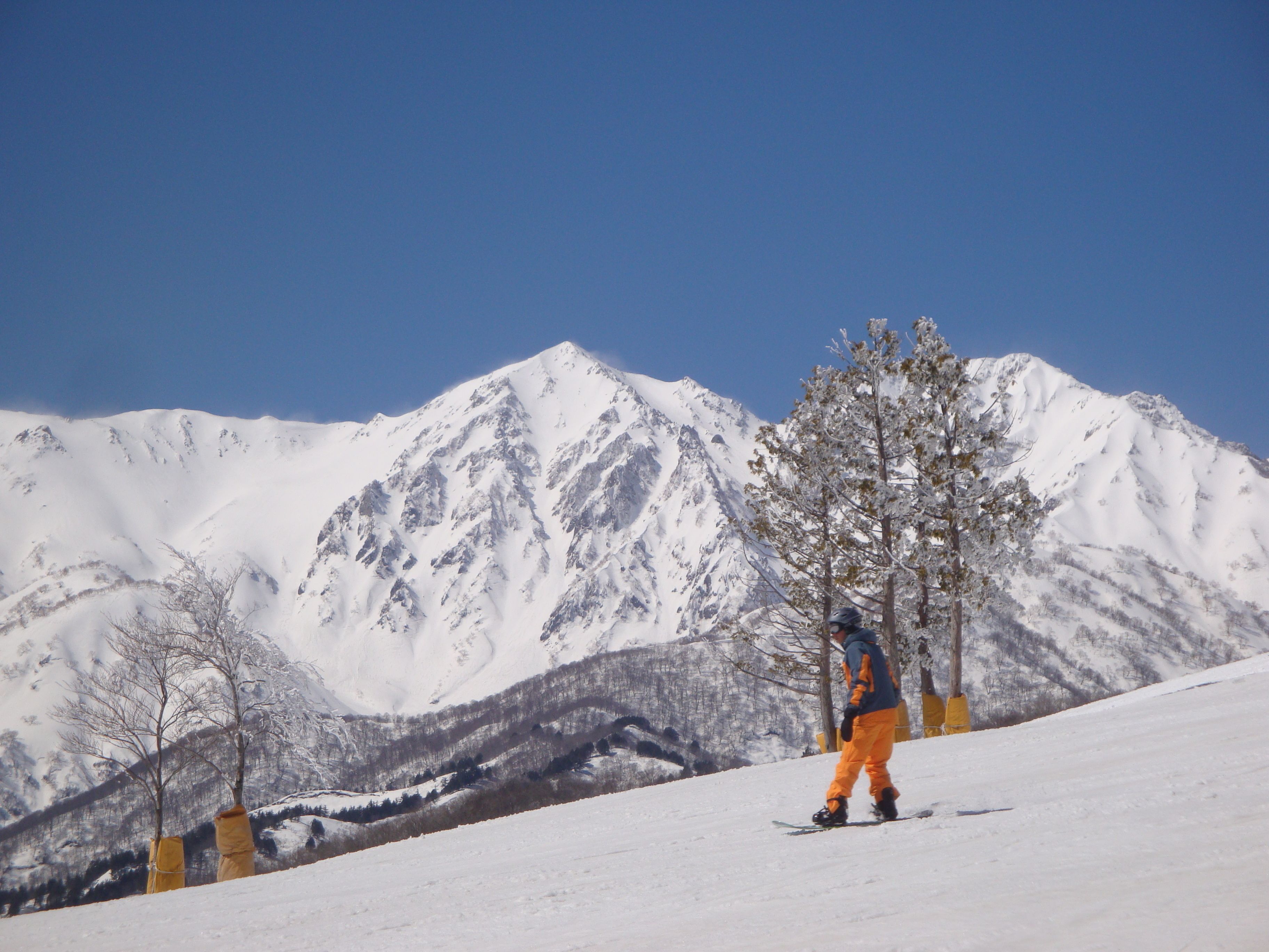 Un snowboarder en una ladera nevada, con una montaña al fondo.