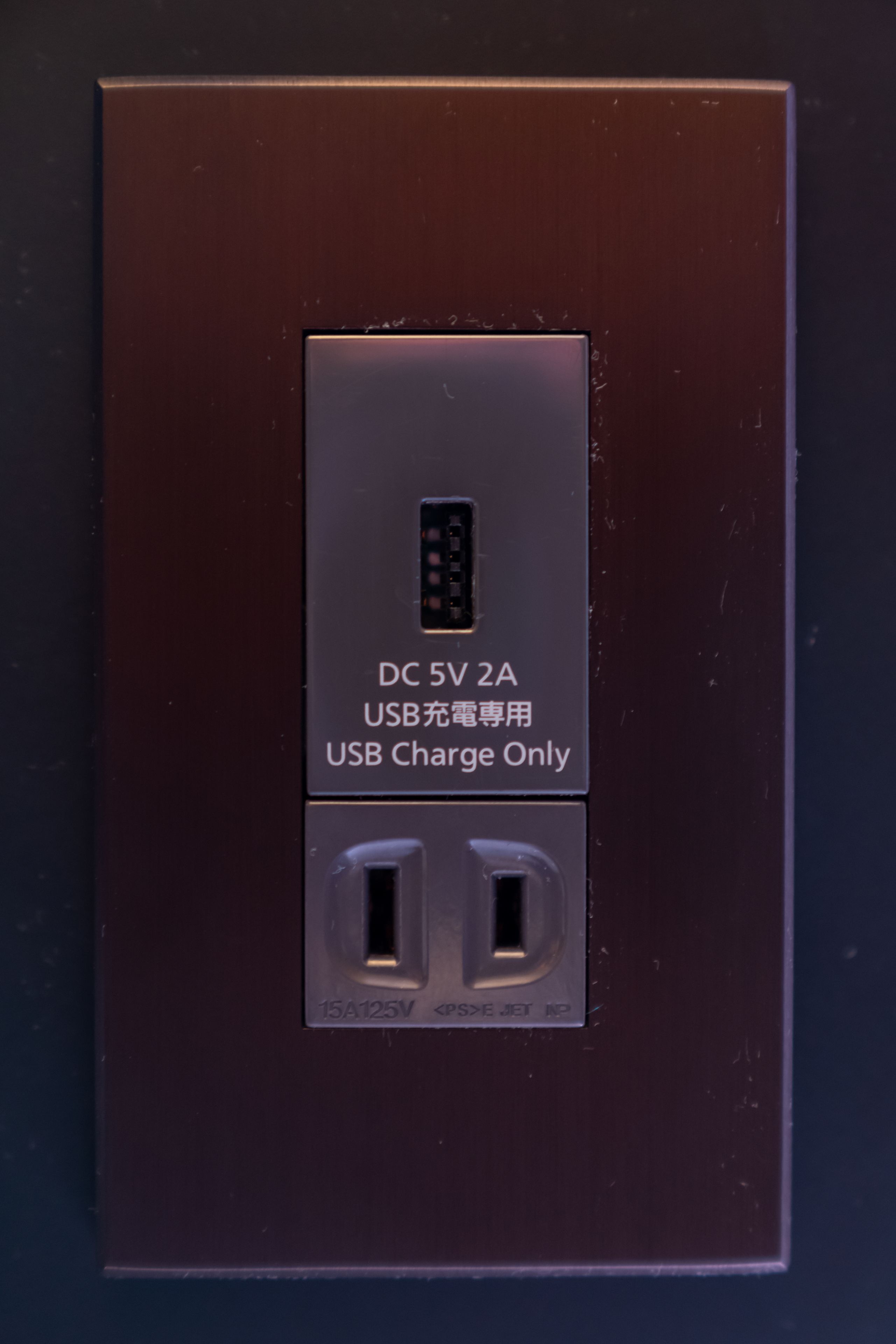 A USB charge-only power outlet with a label indicating it is for USB charging only.