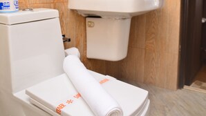 Een badkamer met toilet, wastafel en spiegel. Er is een handdoekrek met een handdoek en een toiletrol.