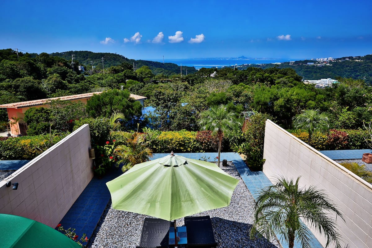 Terraço no telhado com guarda-sol verde, uma palmeira e vista para o mar e colinas.