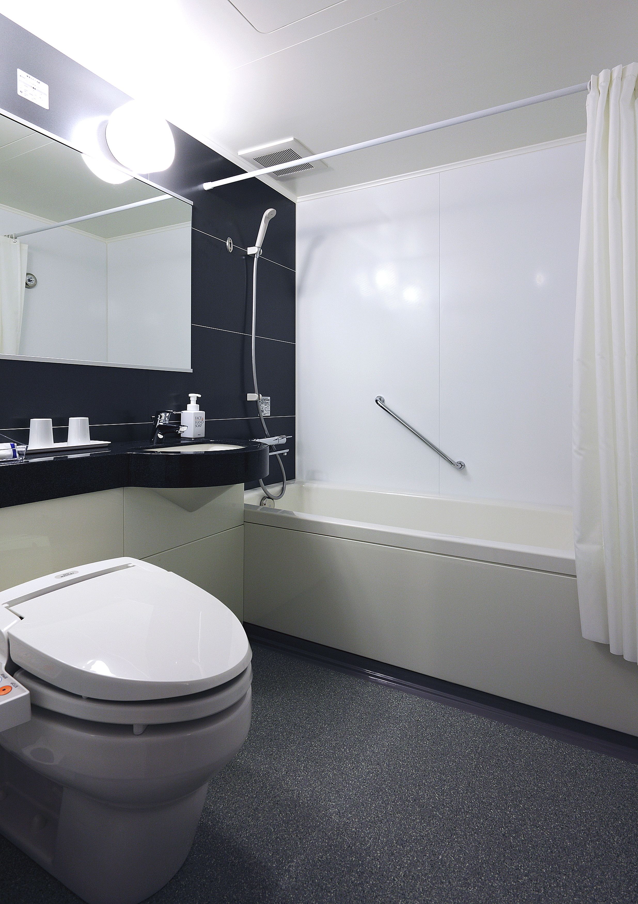 combined shower/bathtub, free toiletries, hair dryer, dressing gowns