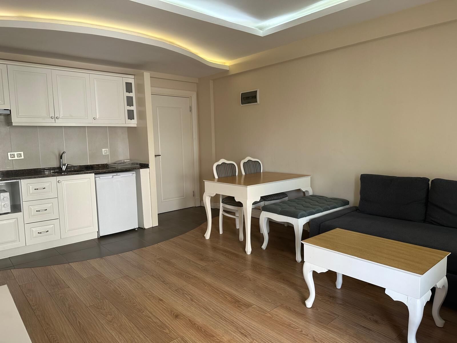 A compact living space with a kitchenette, a dining area with a table and chairs, and a sofa.