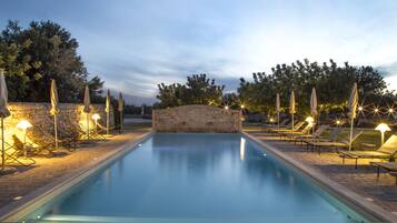 Outdoor pool, pool umbrellas, pool loungers
