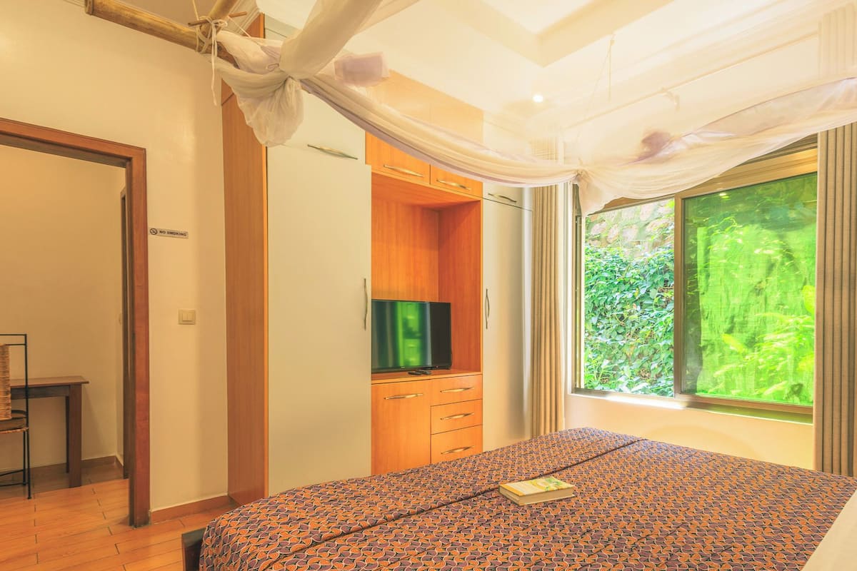 Une chambre à coucher avec un lit, une télévision, une armoire et une fenêtre donnant sur un paysage verdoyant.