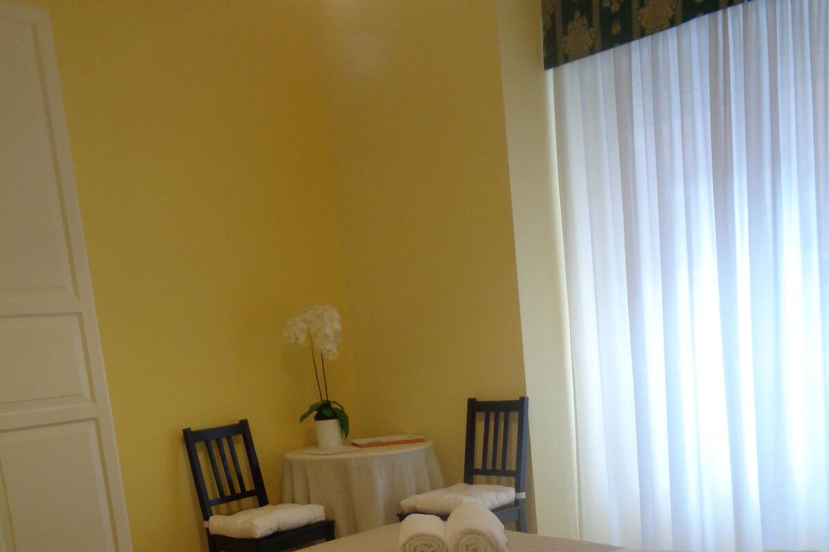 A hotel room with a bed, two chairs, a small table with a plant, and a window with curtains.