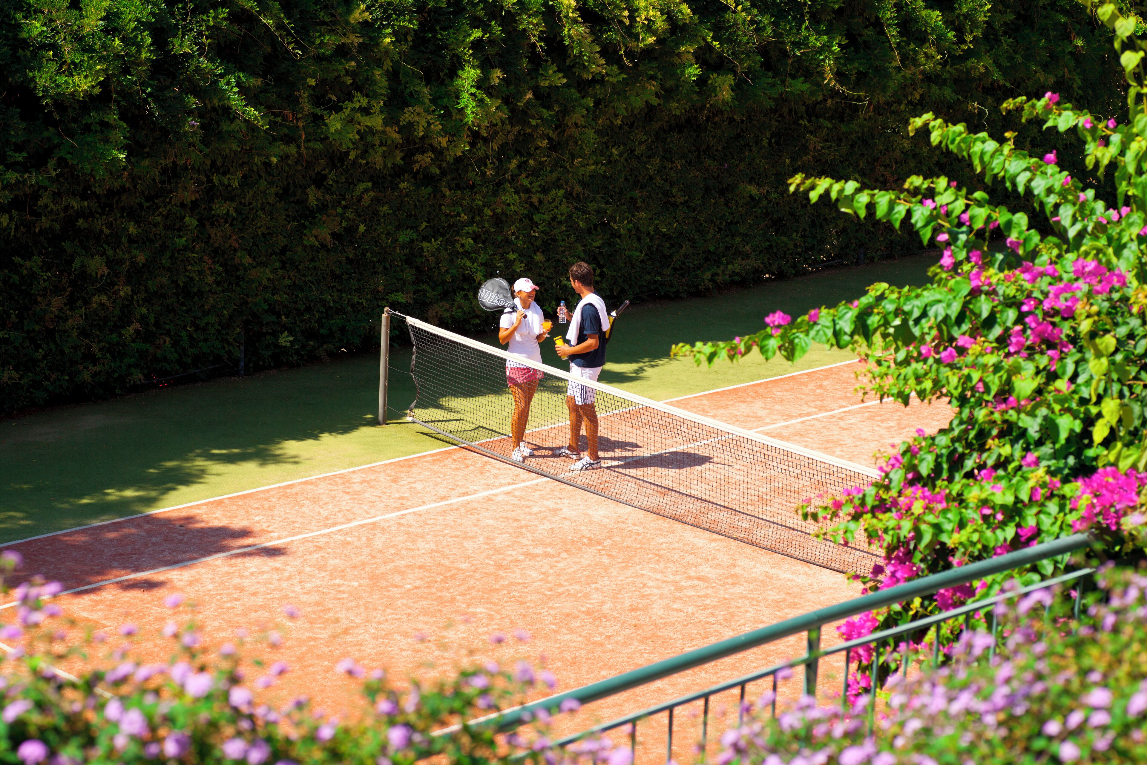 Ein Tennisplatz mit Netz, umgeben von Grünflächen und Blumen.