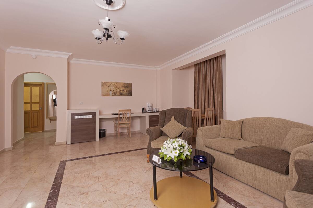 A living room with a sofa, a coffee table with flowers, a dining area with chairs, and a kitchen area.