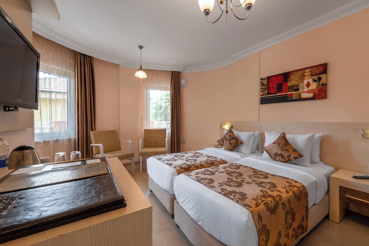 Habitación de hotel con cama, mesitas de noche, televisor, escritorio y una botella de agua, además de un cuadro en la pared.