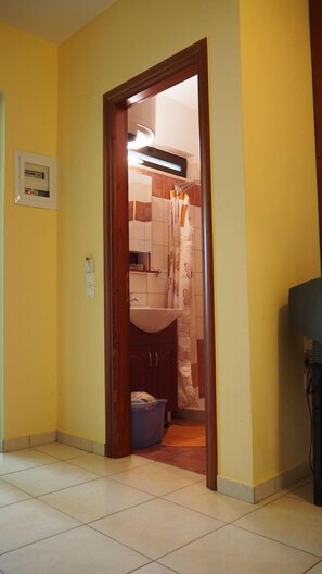 Un pasillo que da a un baño con lavamanos, espejo y cortina de ducha.