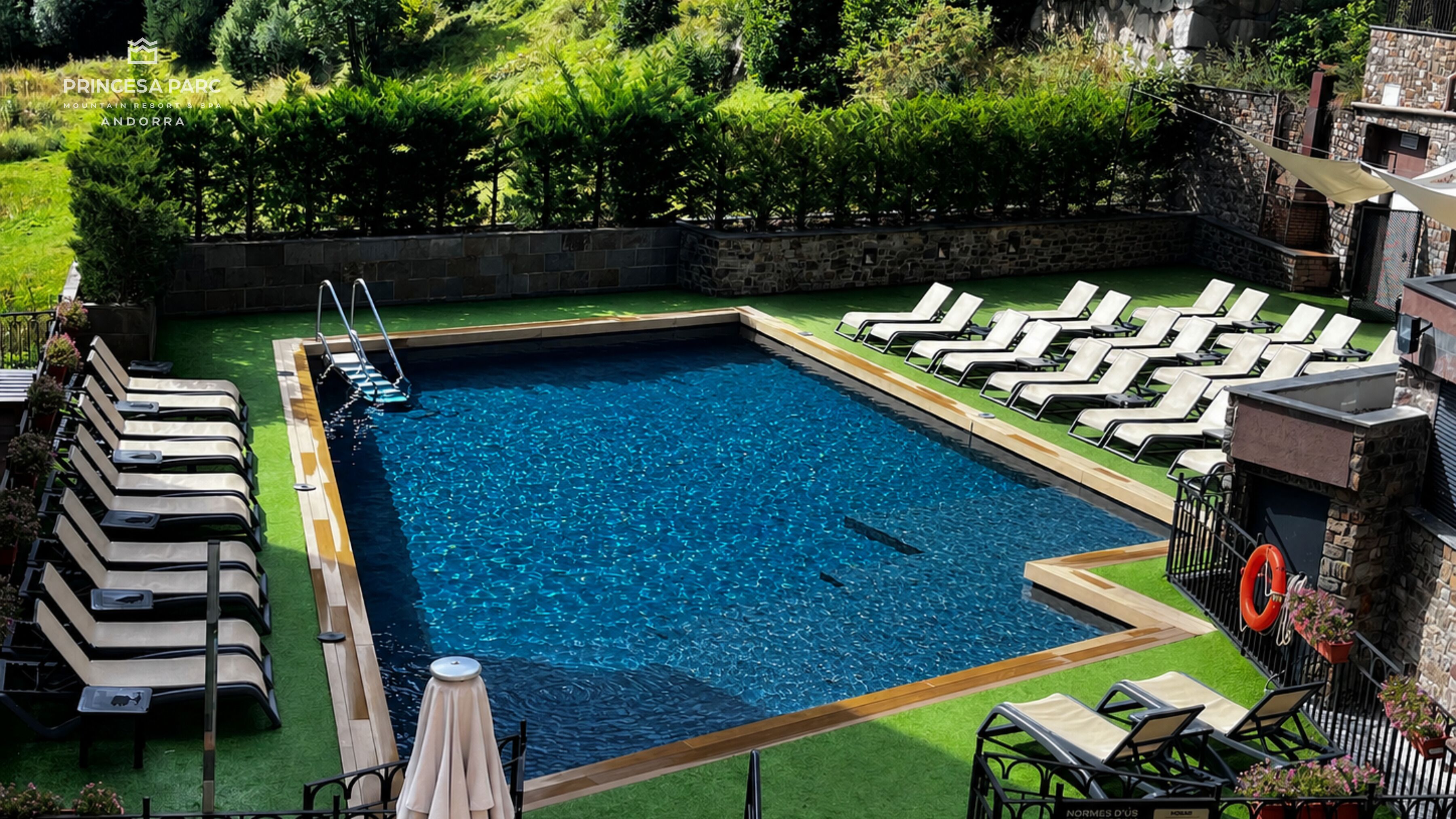 Seasonal outdoor pool, open 10:30 AM to 6:00 PM, pool umbrellas