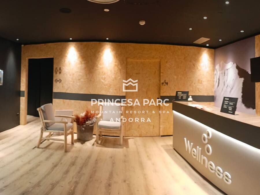 A reception area with a wooden reception desk labeled "PRINCESA PARC Mountain Resort & SPA ANDORRA Wellness." There are two chairs and a small plant on the floor.