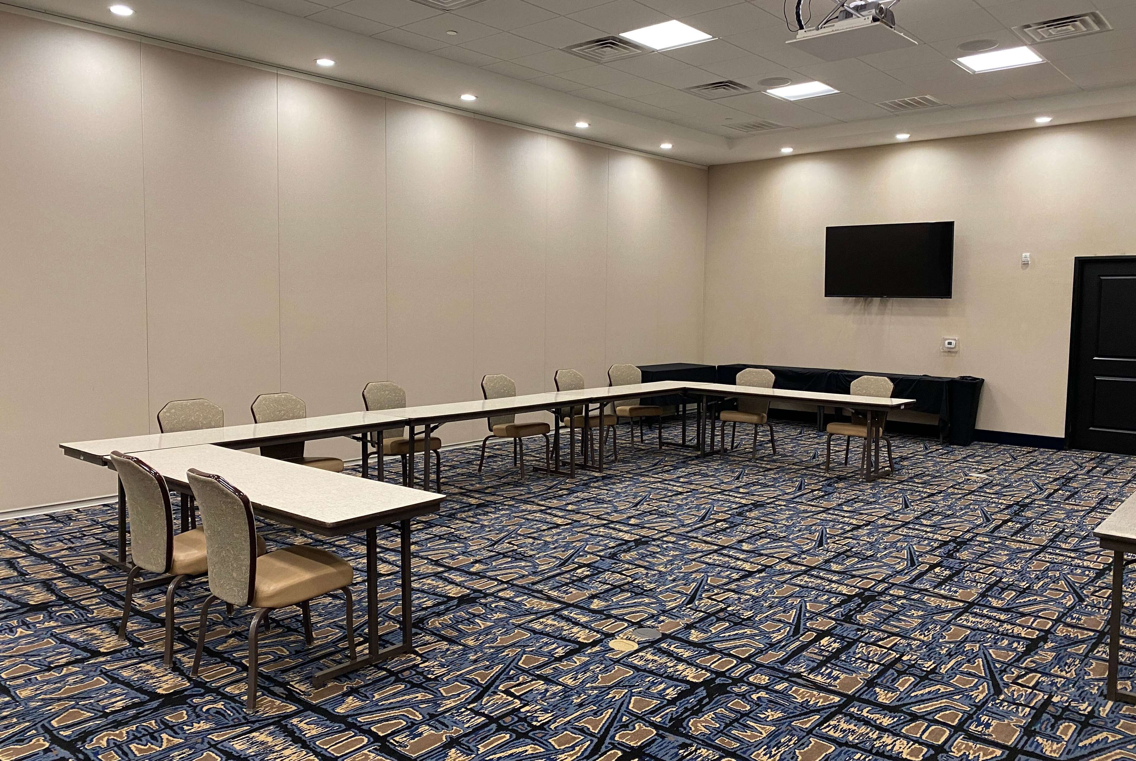A conference room with a long table, chairs, a projector screen, and patterned carpet.