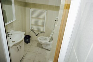 Un baño pequeño con lavamanos, inodoro y toallero.
