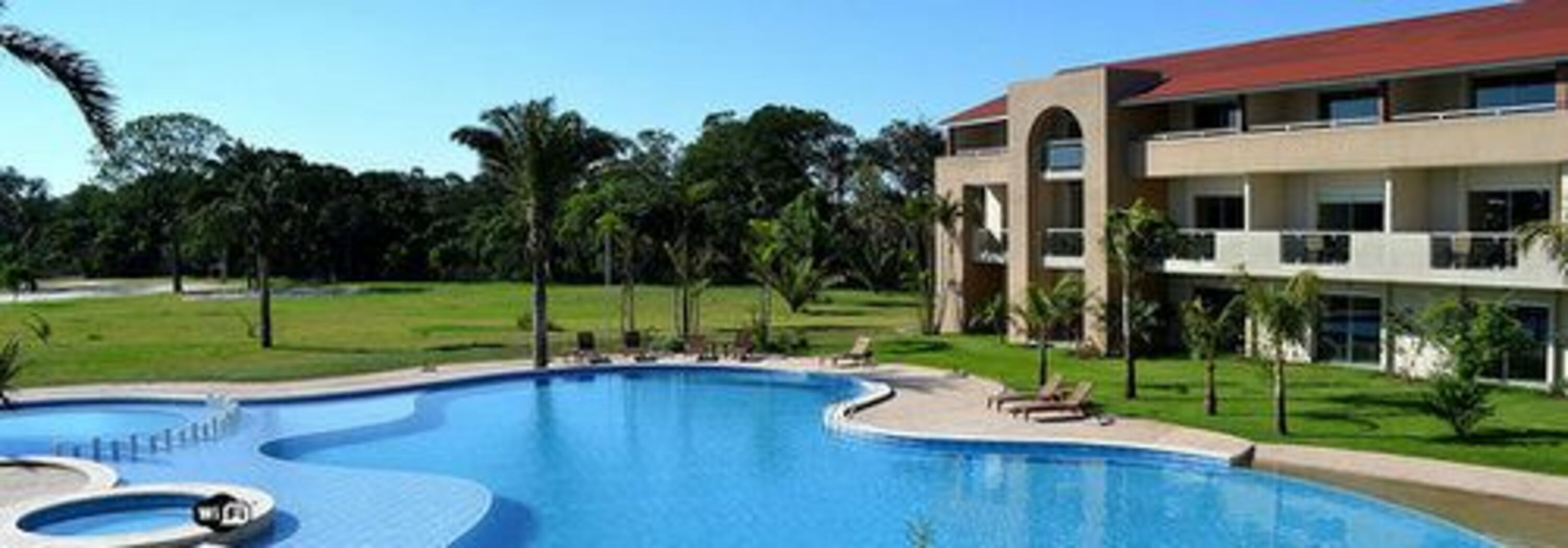 A swimming pool with a curved design, surrounded by a well-maintained lawn and palm trees.