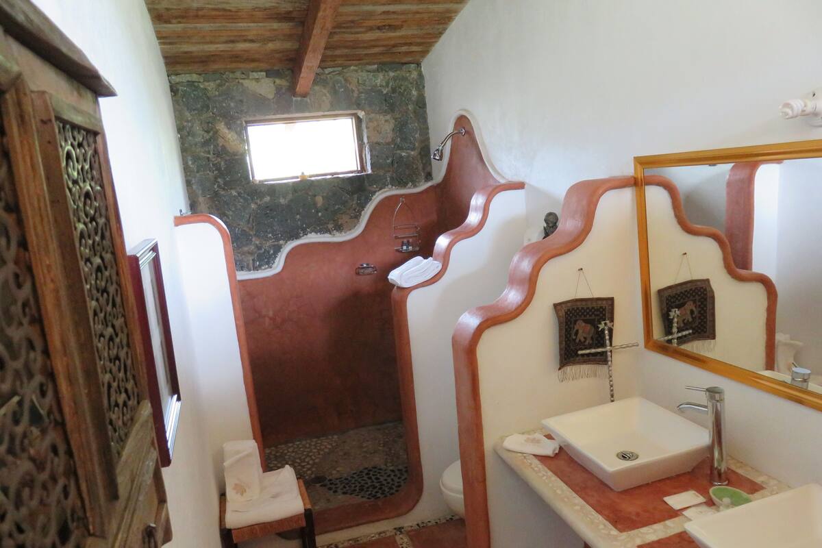 Een badkamer met een douche, een wastafel en een spiegel.