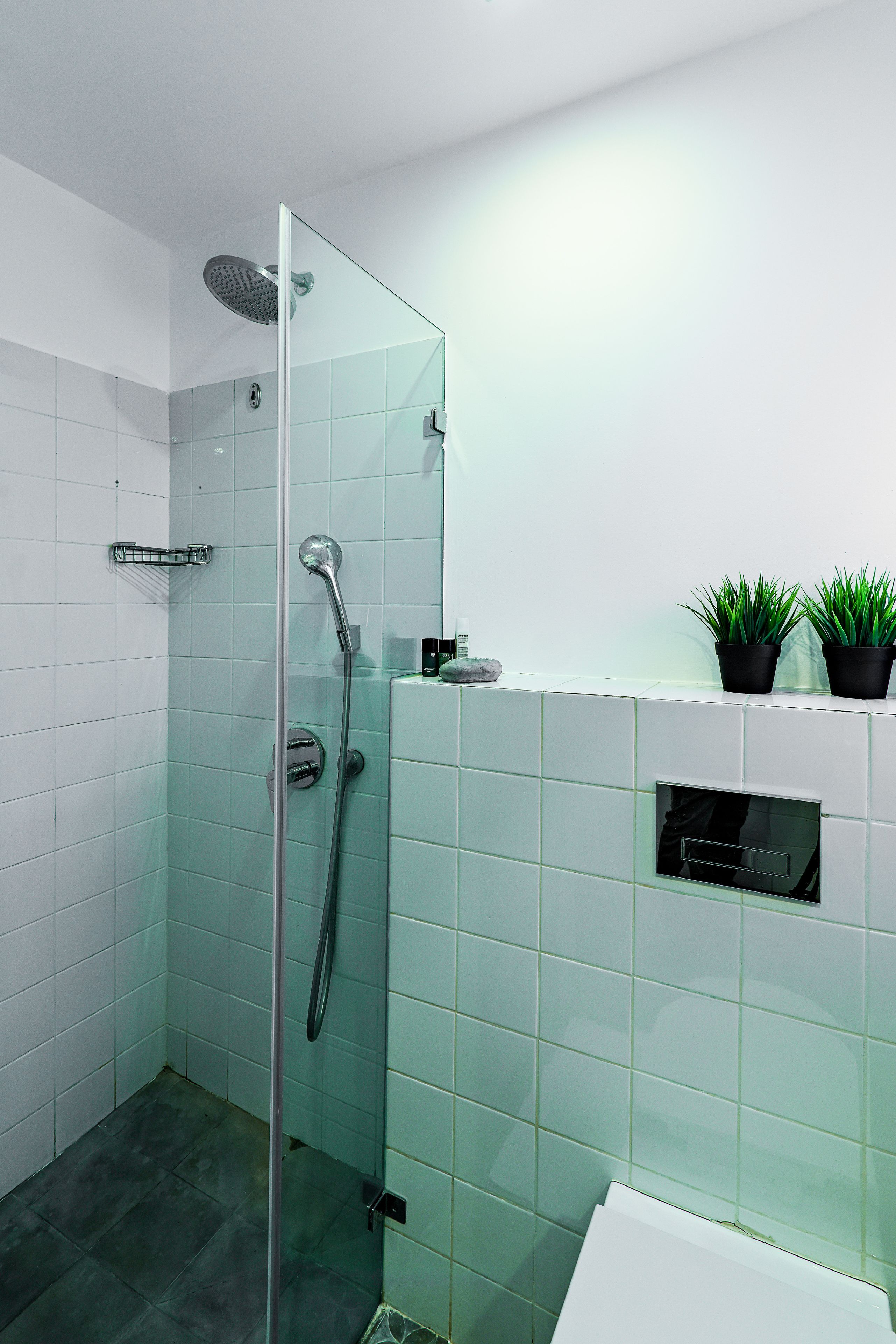 Een moderne badkamer met een douchecabine van glas, witte tegels en een klein plankje met plantenpotjes.
