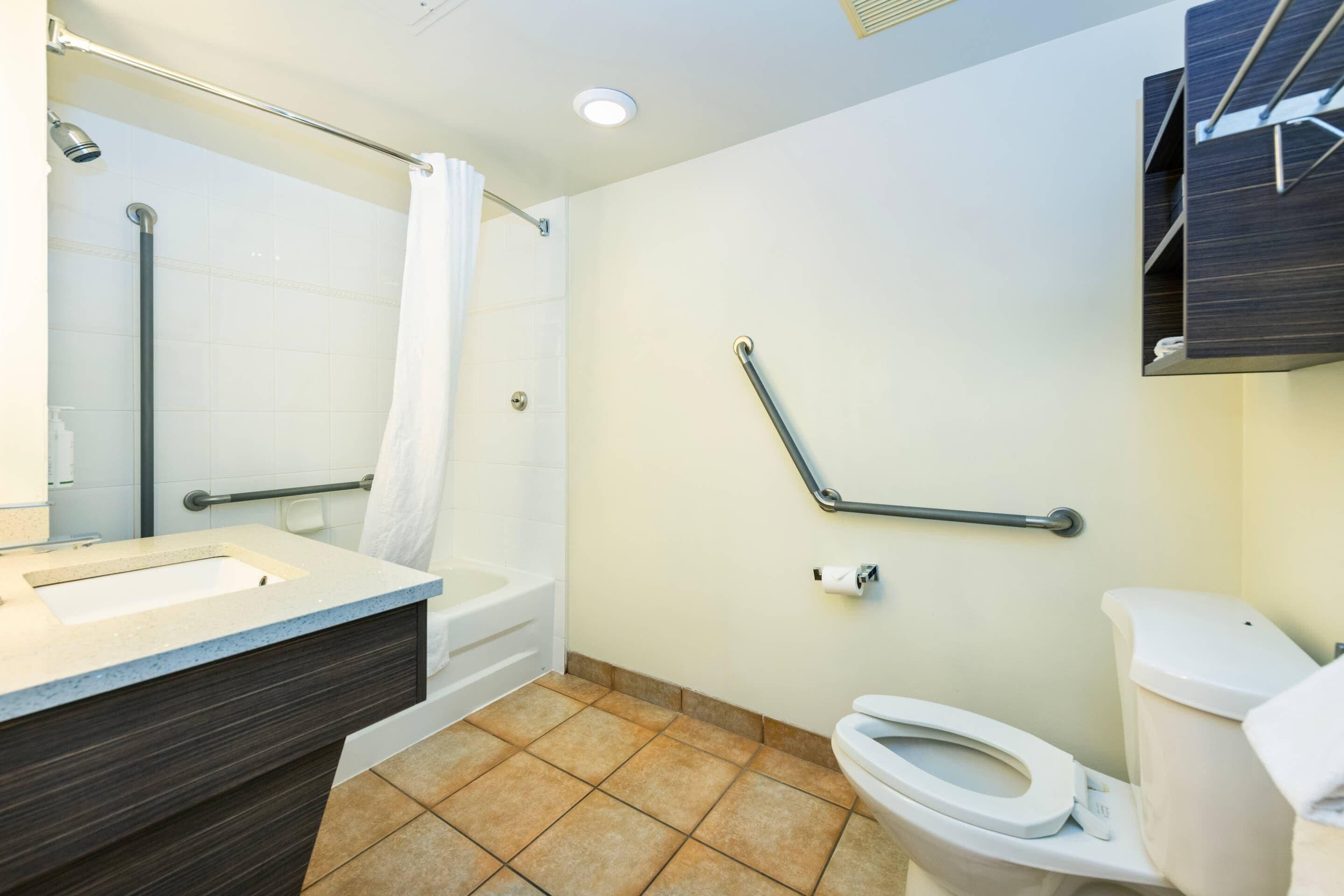 A modern bathroom with a bathtub, toilet, and handrails.