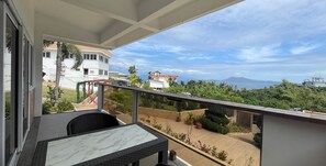 Un balcón con vista a una zona residencial y una montaña distante.