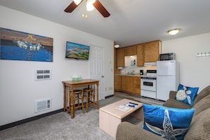 Apartament Deluxe, 1 llit de matrimoni i sofà llit, cuina | Sala d'estar | Televisor de pantalla plana de 32 polzades amb canals per cable
