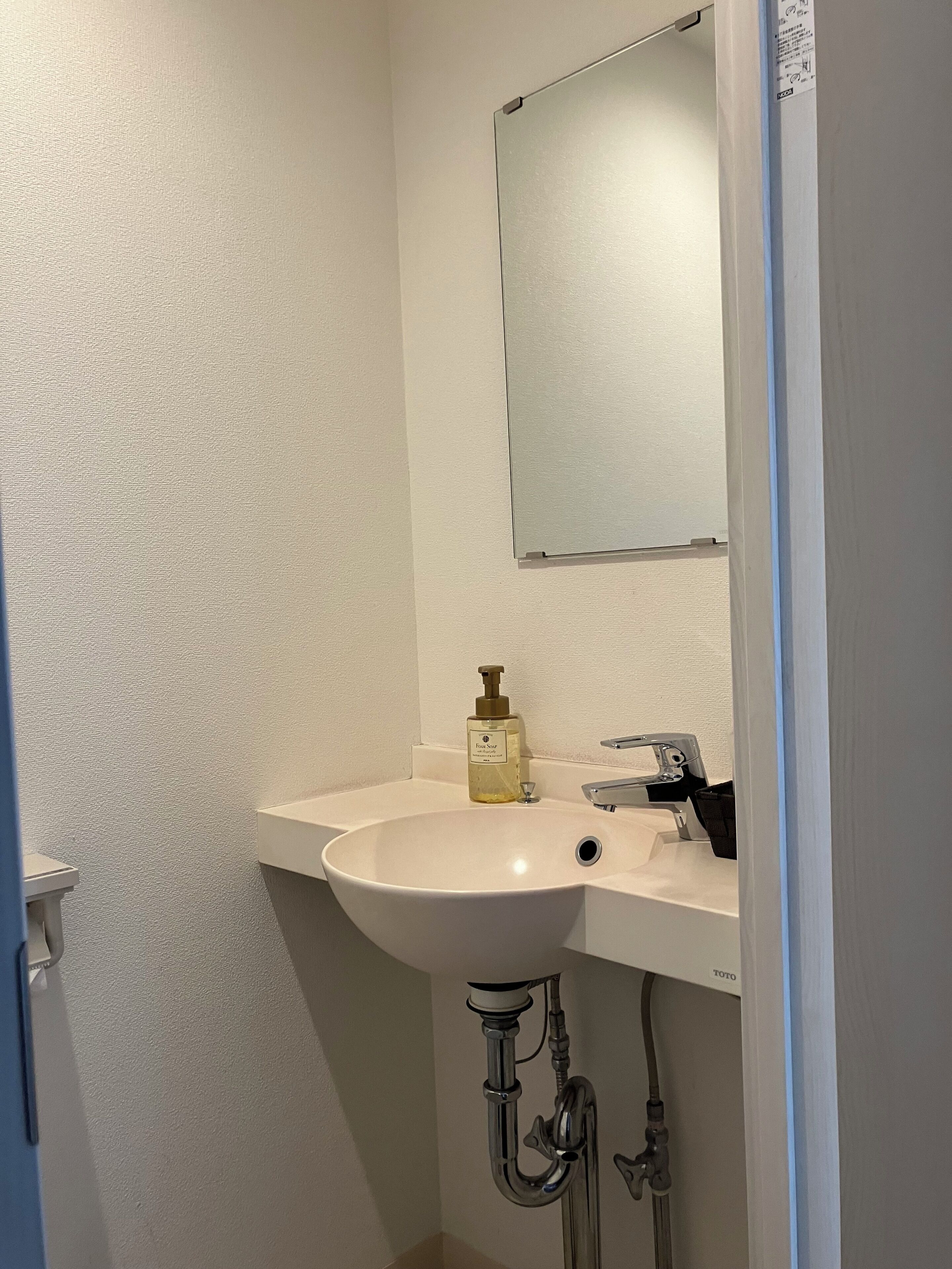 A bathroom with a white sink, a mirror, and a bottle of hand soap.