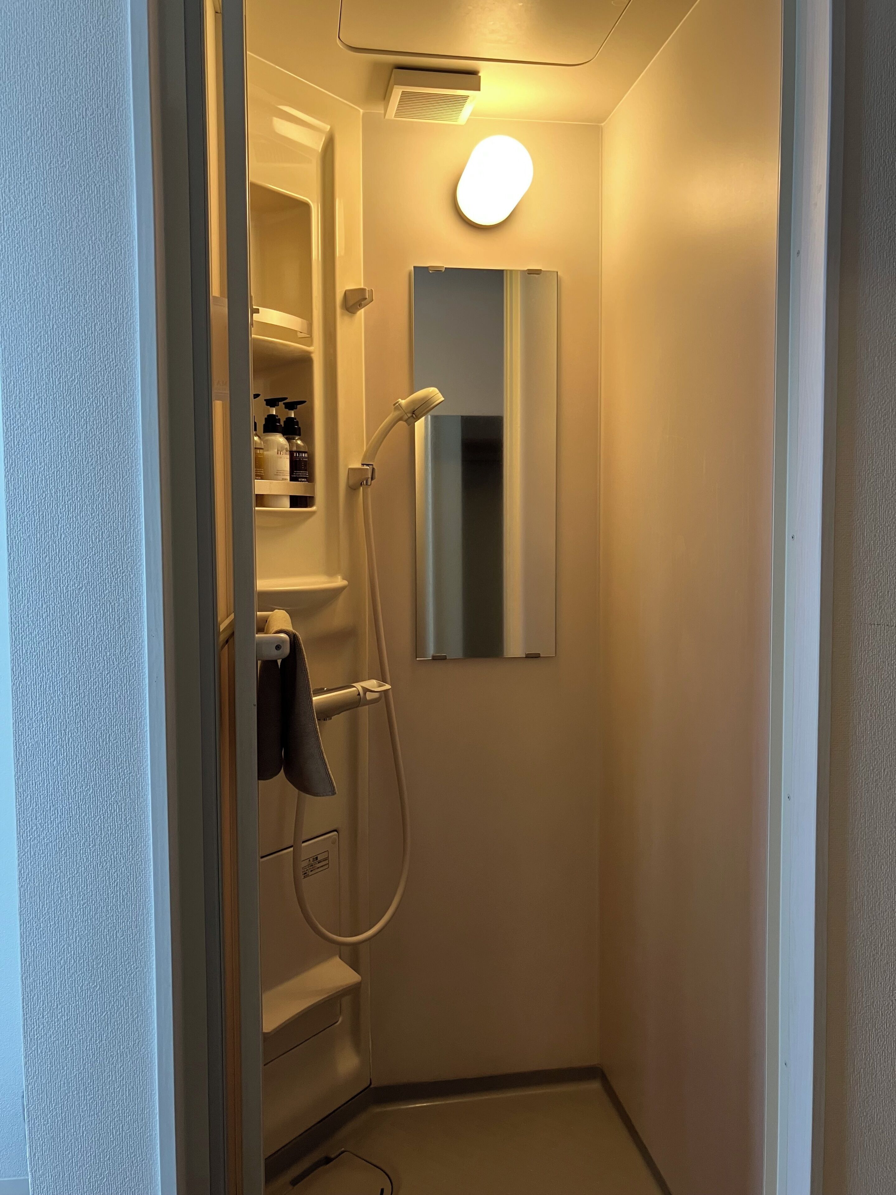 Ein kleines, helles Badezimmer mit einer Dusche, einem Spiegel und einem Ablagefach für Pflegeprodukte.