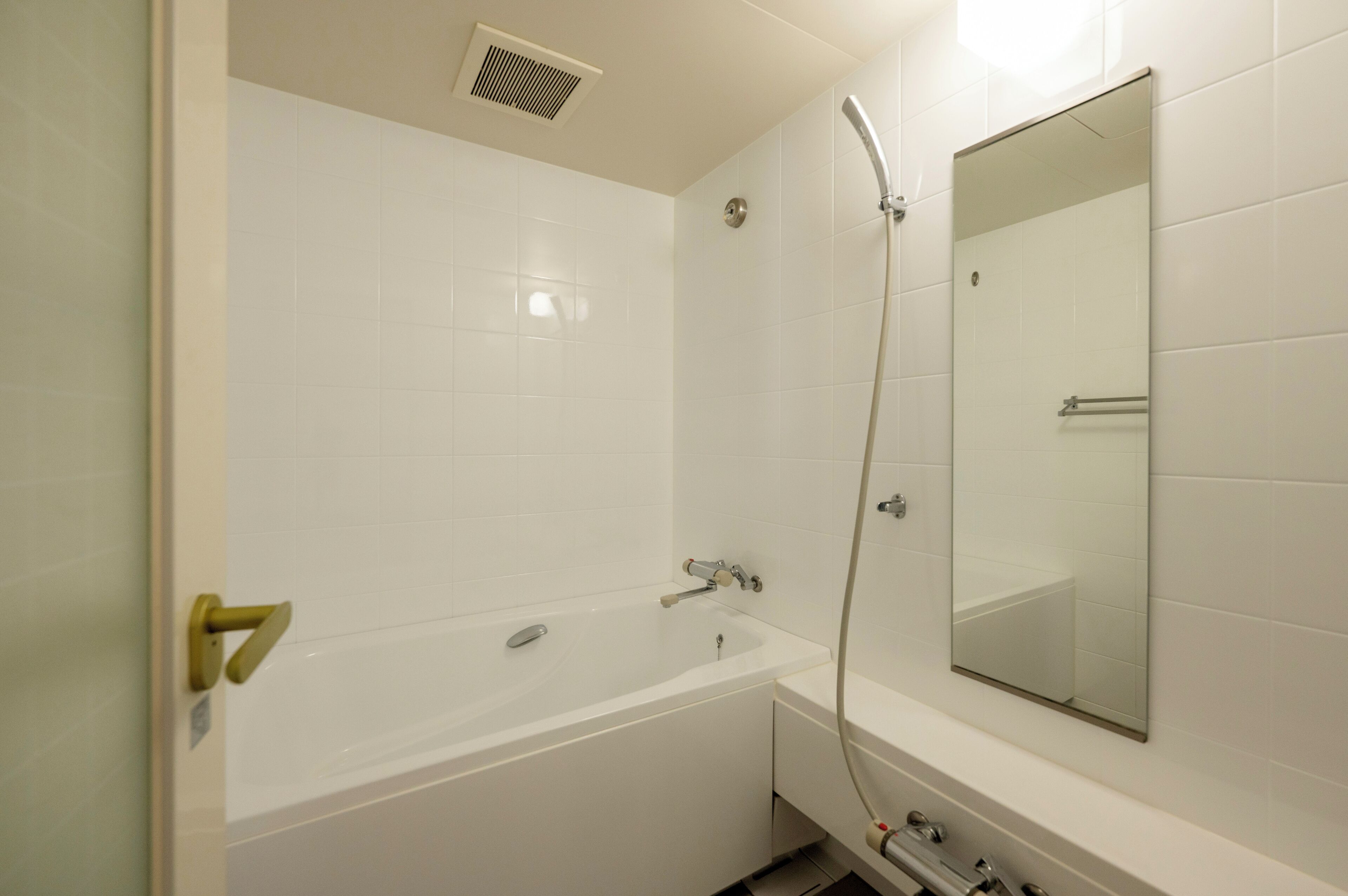 Een badkamer met een wit bad, een douche en een spiegel aan de muur.