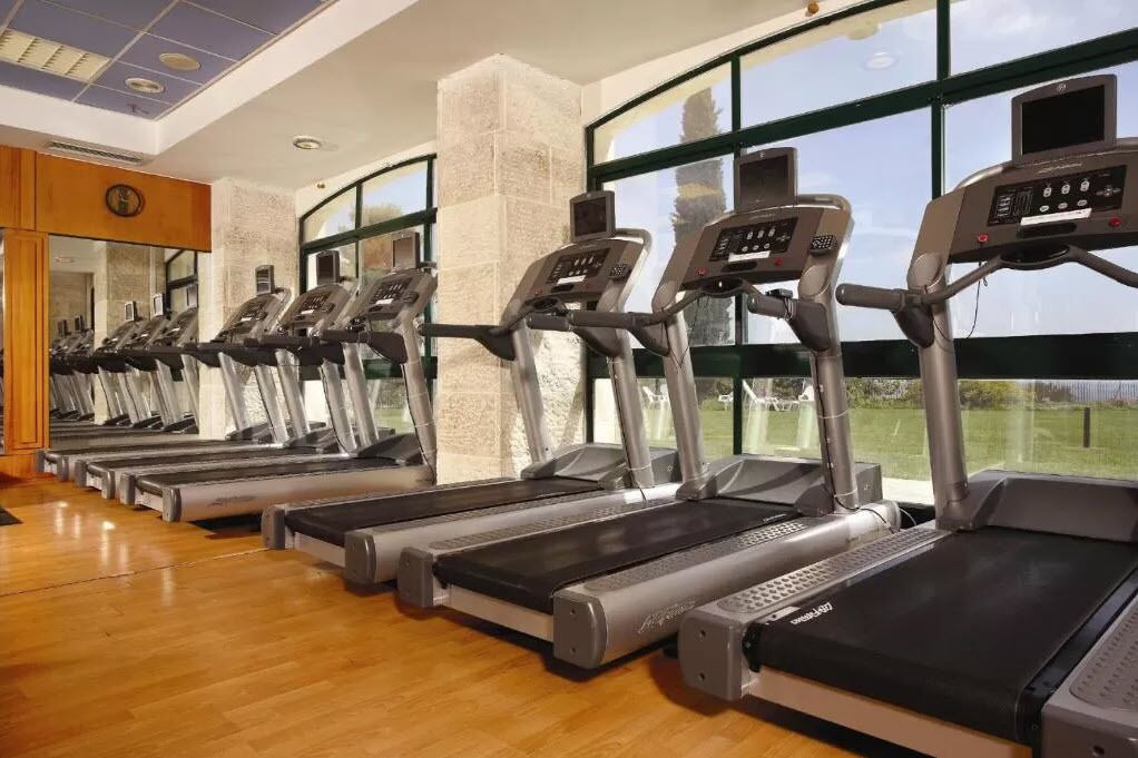 Une rangée de tapis de course dans une salle de sport dotée de grandes fenêtres et d’un plancher en bois.