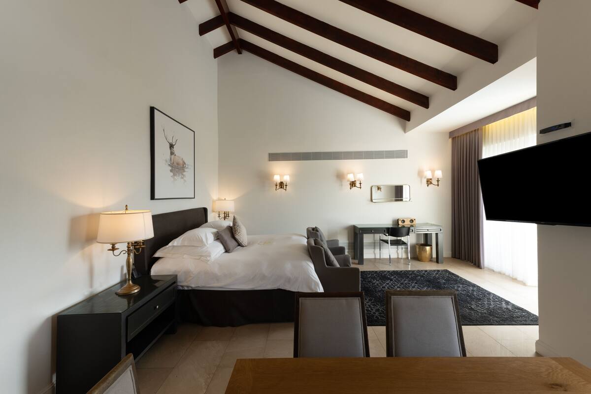 Une chambre d’hôtel moderne dotée d’un grand lit, de tables de chevet, d’un bureau et d’un téléviseur à écran plat.