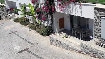 Ein modernes Gebäude mit einer Stein-Fassade, einer Terrassenfläche mit Sitzgelegenheiten und einem Garten mit Bougainvillea-Blumen.
