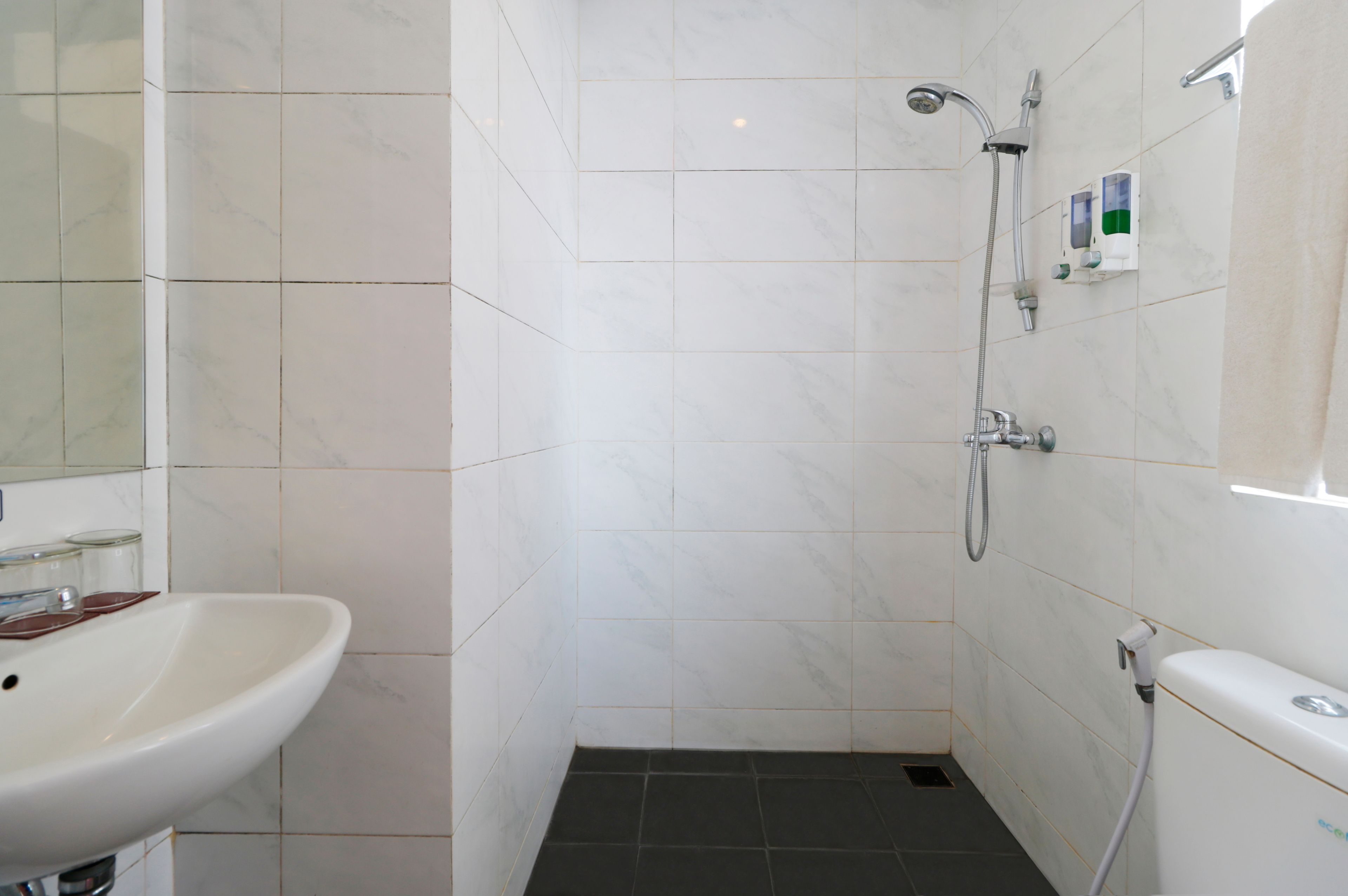 Un bagno con un lavandino bianco, una doccia con soffione manuale e un water.