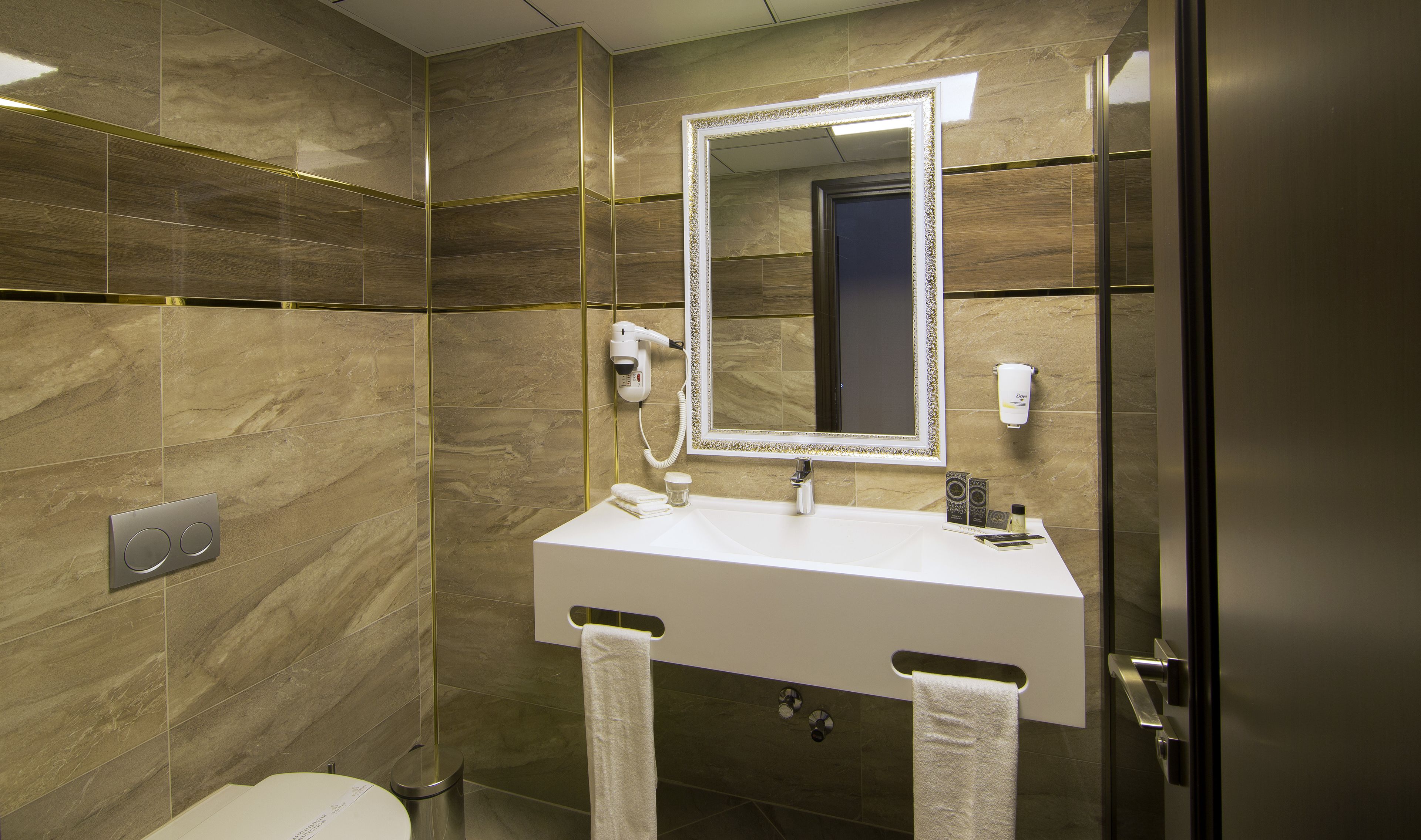 shower, rainfall showerhead, designer toiletries, hair dryer