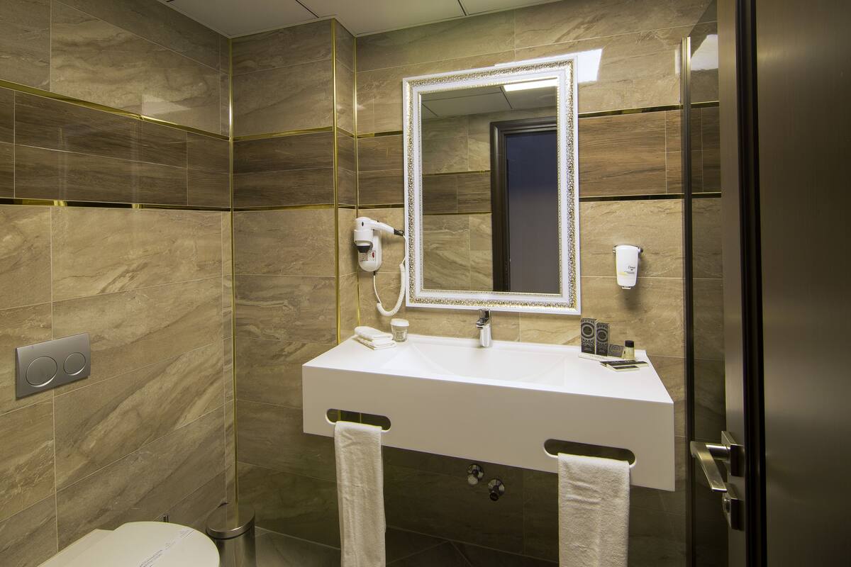 shower, rainfall showerhead, designer toiletries, hair dryer