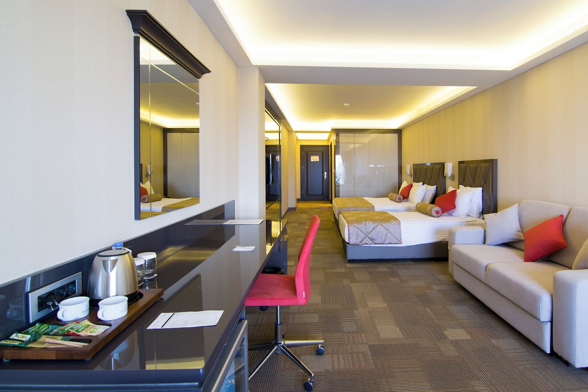Una habitación de hotel con cama, sofá, escritorio y un espejo.