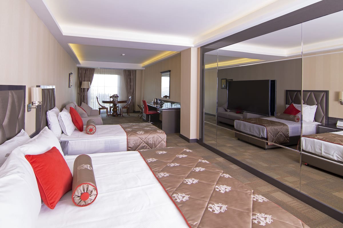 Habitación de hotel con dos camas, un escritorio, una silla y un televisor.