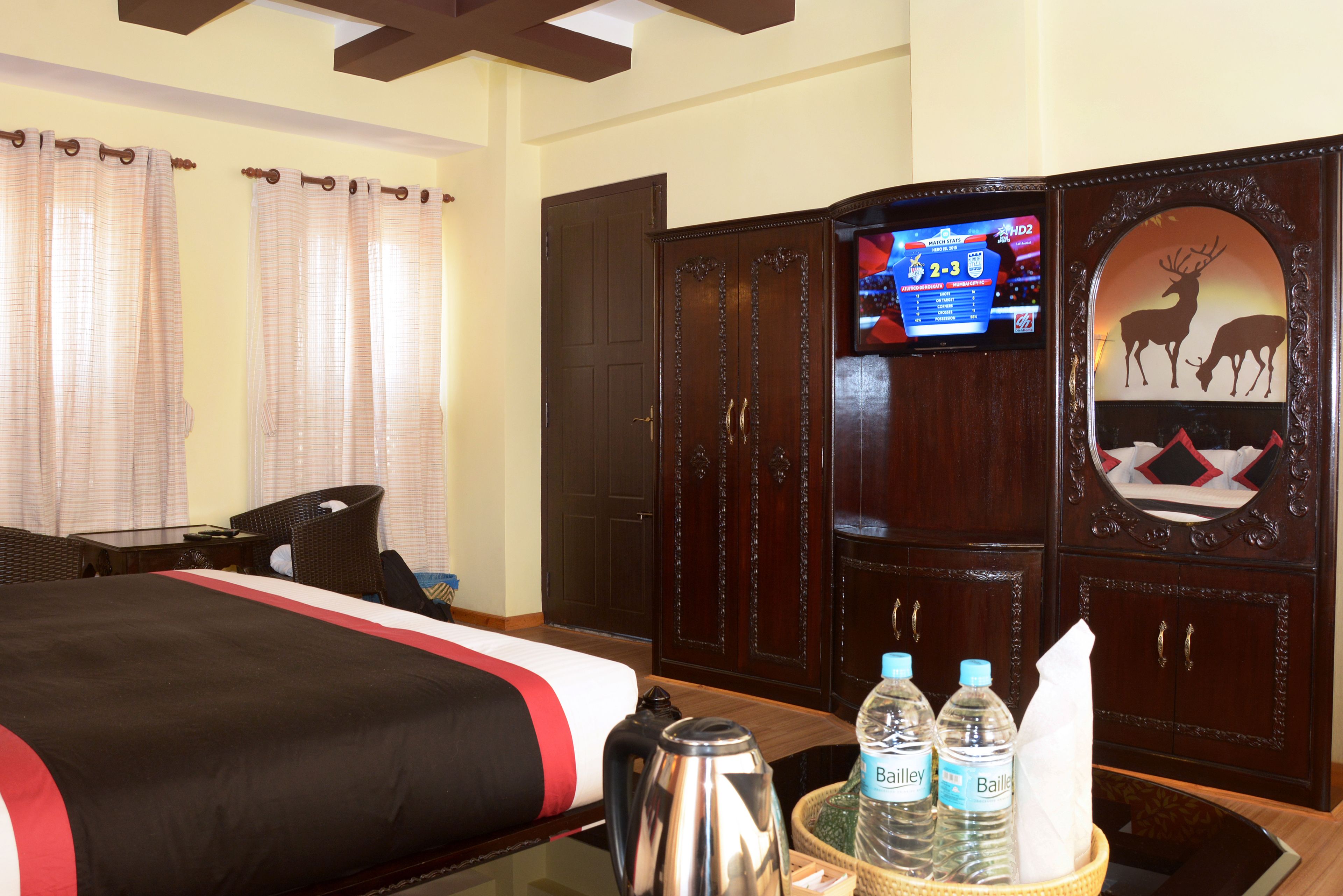 A hotel room with a bed, a television, a cabinet with a deer decoration, and a table with a kettle and water bottles.