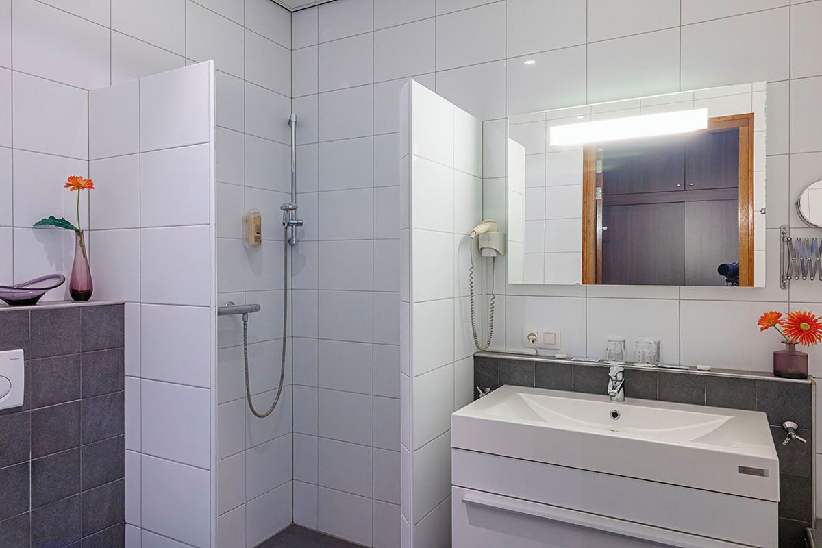 Un baño moderno con ducha, lavamanos y espejo.