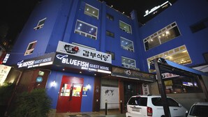 A blue building with multiple signs, including "Bluefish Guest House" and "GUEST HOUSE". - Bluefish Guesthouse - Hostel (Busan)