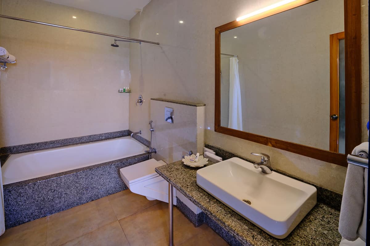 the krishna suite | bathroom | shower, free toiletries, hair dryer, bathrobes