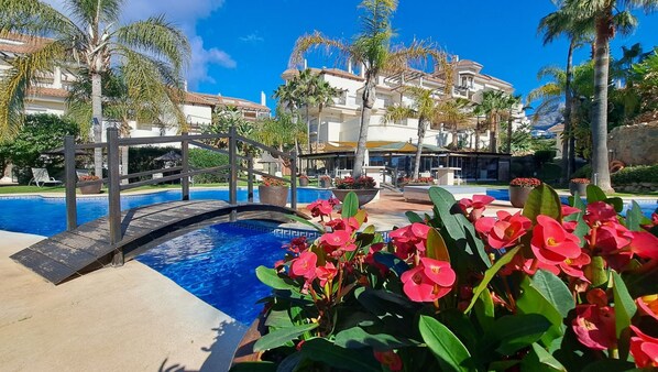 Una piscina con un puente de madera, rodeada de plantas tropicales y palmeras.