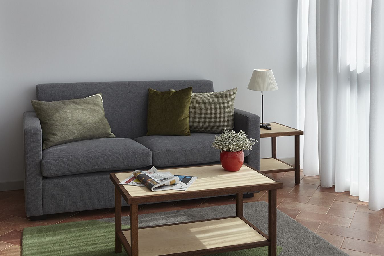 Ein modernes Wohnzimmer mit einem grauen Sofa, zwei Holznachttischen, einer roten Pflanze und einer Lampe.