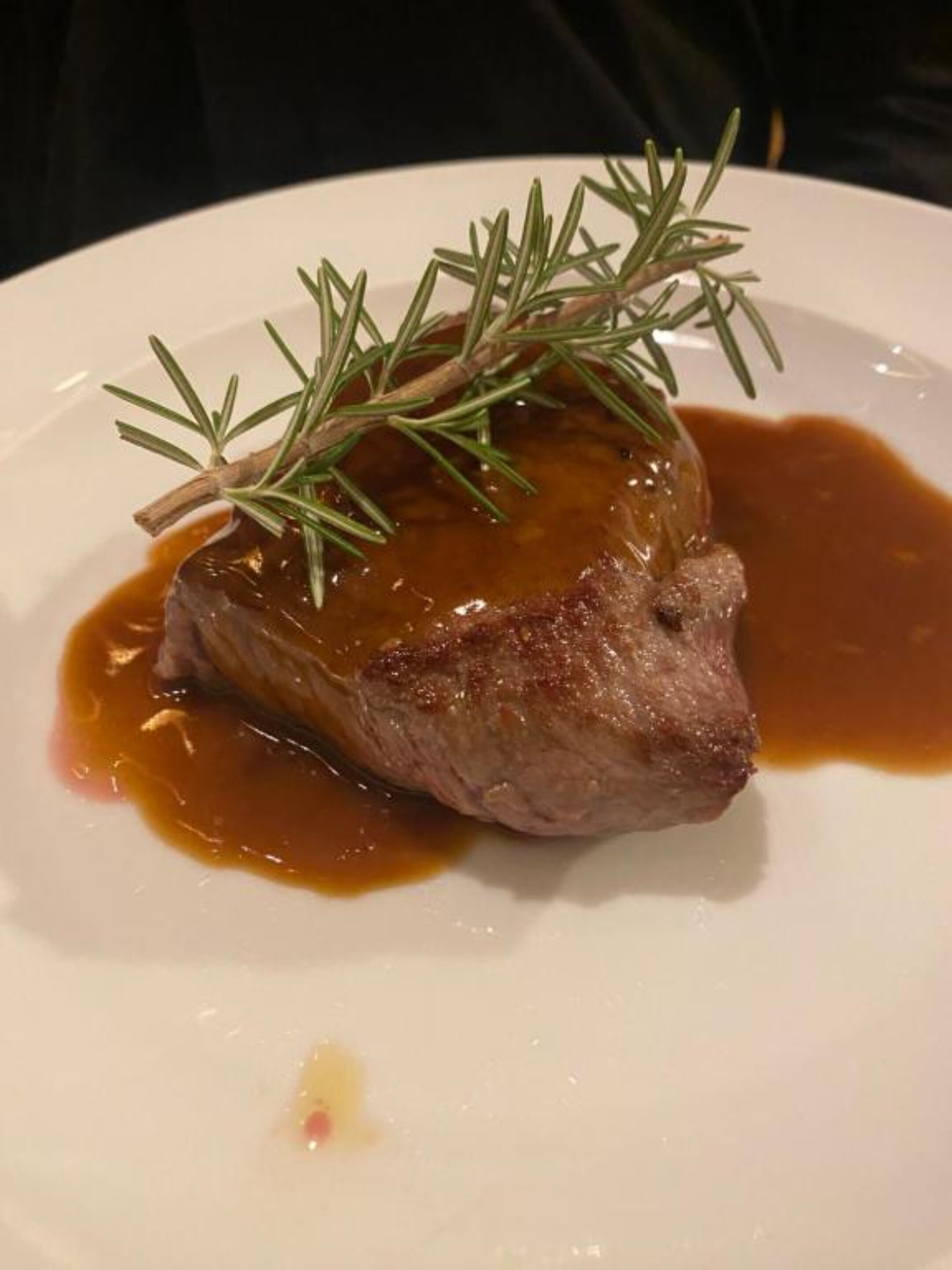 A single piece of meat with a sauce and rosemary garnish on a plate.
