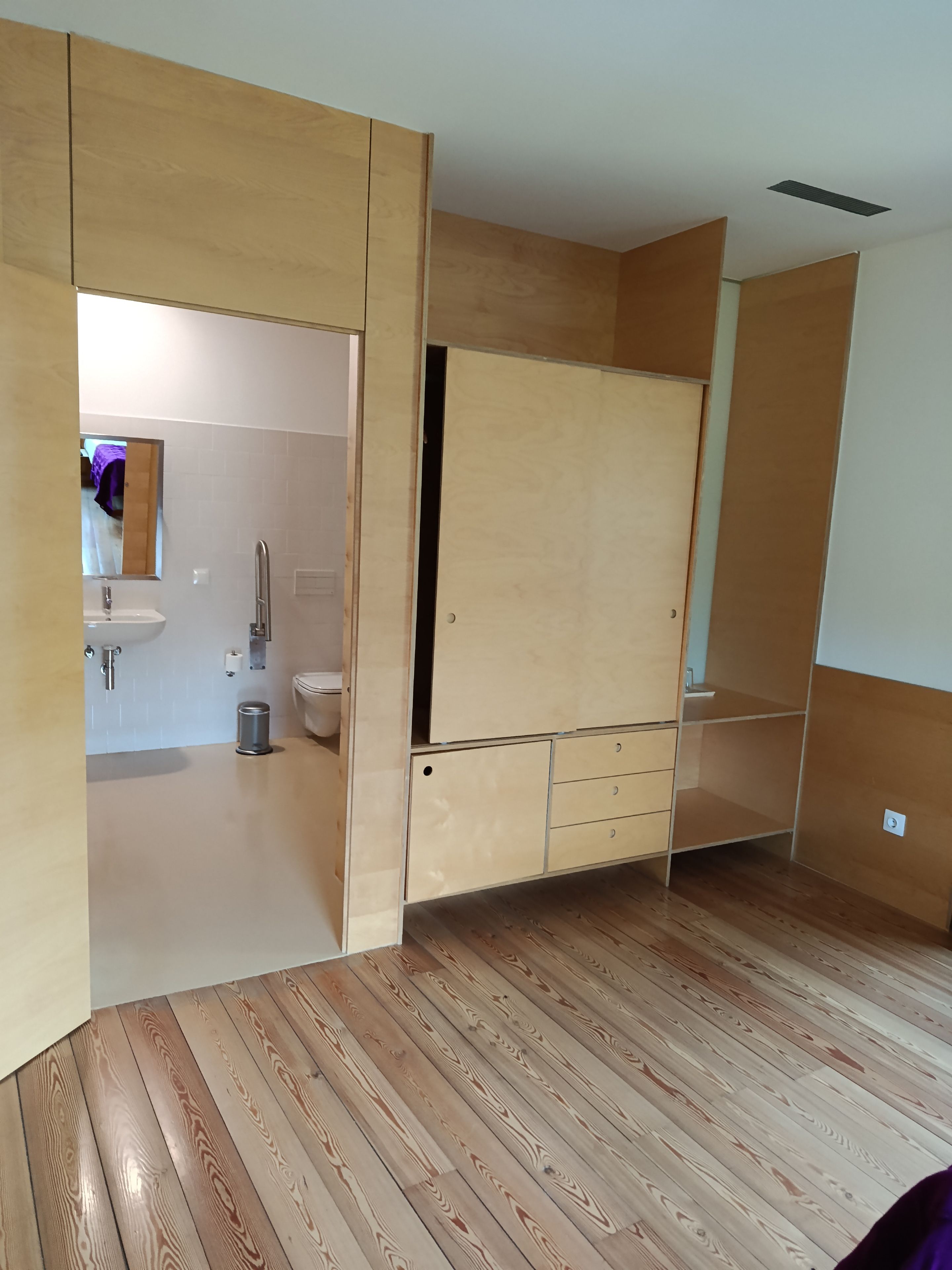 A room with a wooden floor, a bathroom with a sink and toilet, and a wardrobe with multiple compartments.